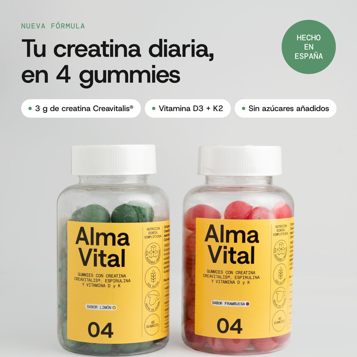 Alma Vital Gummies de limón y frambuesa: 3 g de creatina Creavitalis, vitamina D3 y K2, sin azúcares añadidos