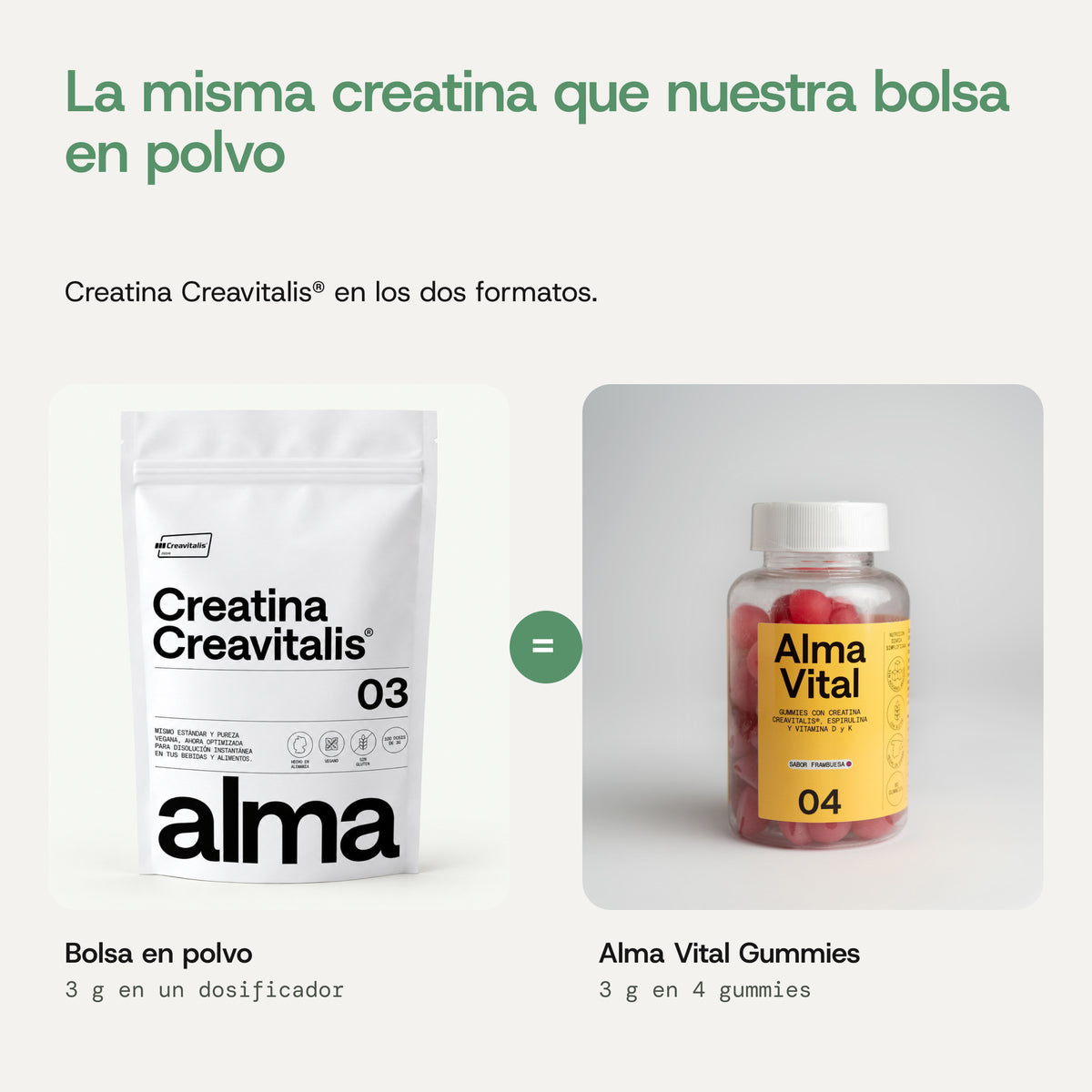 La misma creatina Creavitalis que la bolsa en polvo de Alma: 3 g en 4 gummies