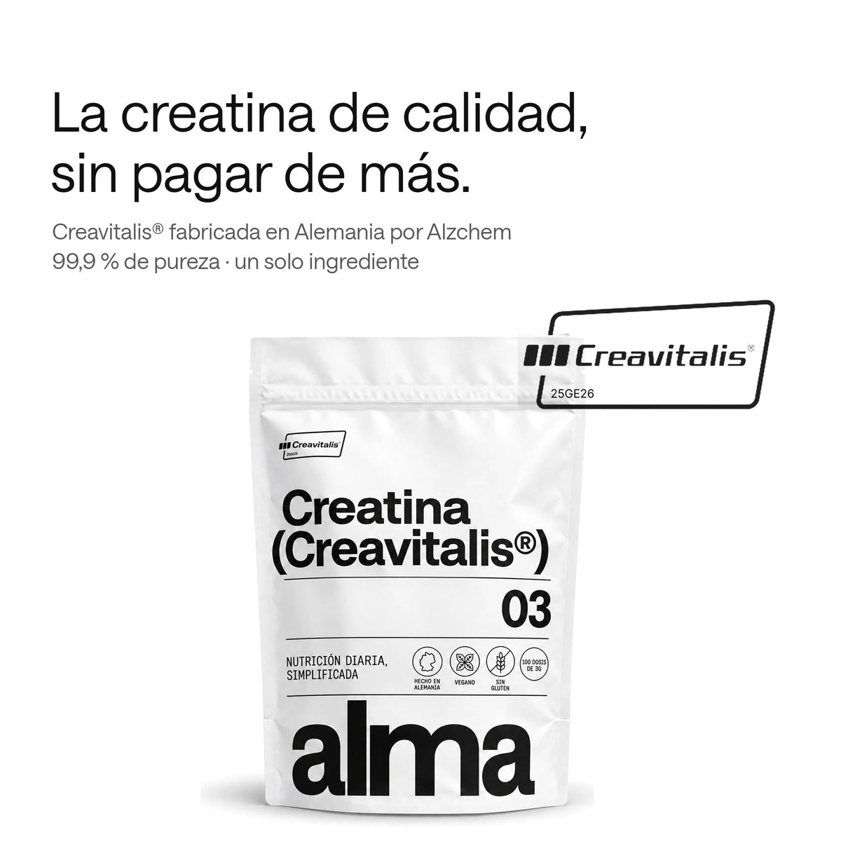 Creatina (Creavitalis®) de Alma: la creatina de calidad, sin pagar de más. Sello Creavitalis® 25GE26