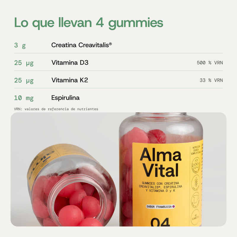Lo que llevan 4 gummies: 3 g de creatina, 25 µg de vitamina D3, 25 µg de vitamina K2 y 10 mg de espirulina