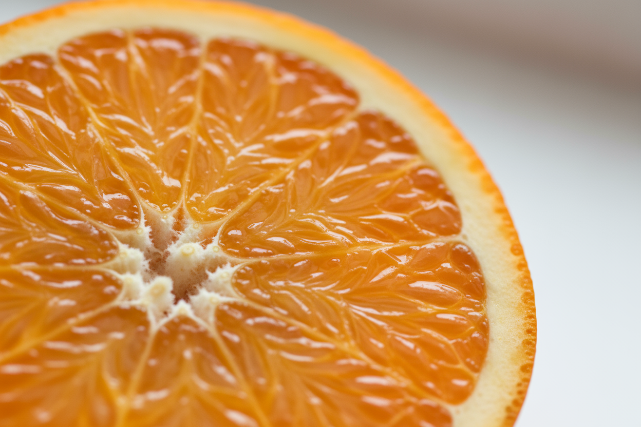Quiero un bodegón muy macro de la mitad de una naranja, que se vea el interior. Fondo neutro muy claro, casi blanco